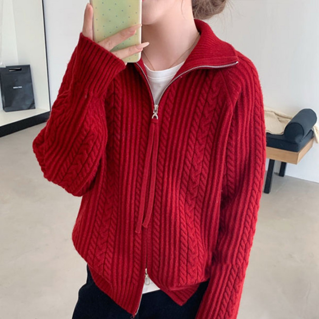 케이블 짚업 니트 가디건 하이넥 여성 캐주얼 니트 골프웨어 투웨이 지퍼 카라 꽈배기 집업 가디건