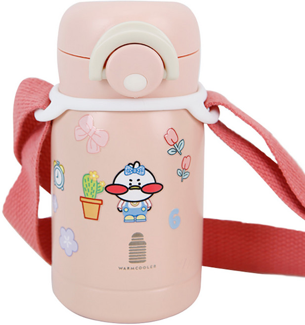 웜쿨러 원터치 보온 보냉 텀블러(스티커+스트랩세트), 02핑크텀블러1개+스트랩1개+스티커4종, 1세트, 220ml