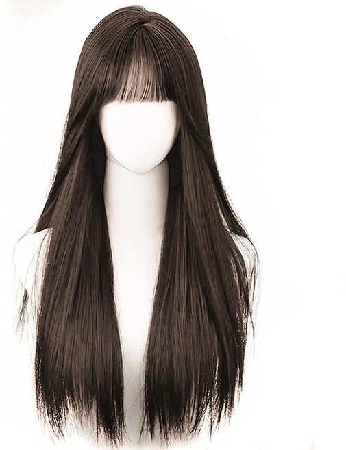 긴 생머리 가발 긴머리 통가발 자연스러운가발 롱가발 긴머리가발 여성통가발 생머리가발 앞머리 있는 통가발, 블랙, 1개