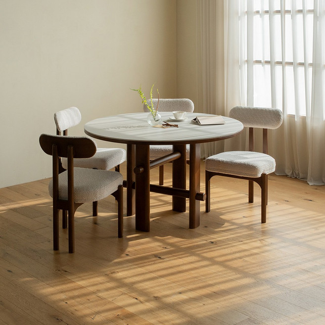 마렛 원목 원형 포세린 세라믹 4인 식탁세트 1200 (의자4), 클라우드 화이트 (연그레이), 다크 월넛/패브릭