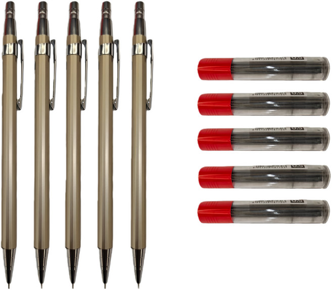 0.5mm 자동샤프 5자루 2B 0.5mm 샤프심 20개입 5통 문구세트 총10개, 1세트, 골드