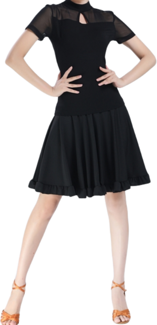 여성 라인댄스복 라틴댄스 줌바 연습복 상의 무용 망사 블랙 세트 폴댄스, 반팔+스커트