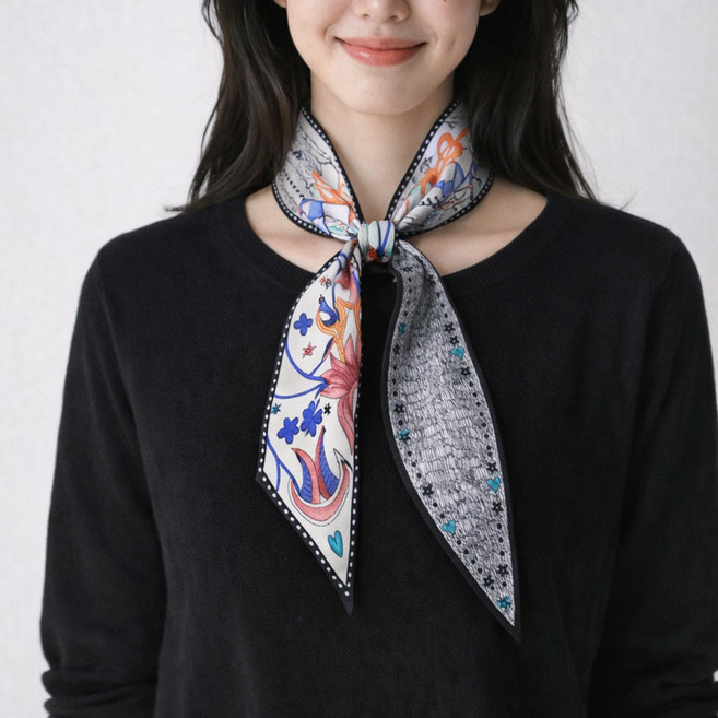 실크 100 타이 스카프 방도 쁘띠 미니 가방 손잡이 승무원 스키니