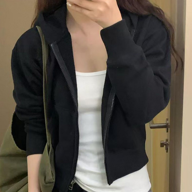 ROYALBELLE 여성 기본핏 크롭 후드 집업 루즈핏 베이직 심플 쇼트핏 데일리 재킷 U0021620