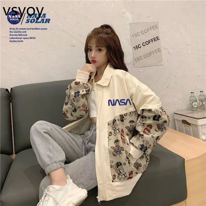 vsyoy 곰 바느질 짧은 코트 여자 가을 새 한국 스타일 느슨한 Bf 레트로 캐주얼 야구 정장 재킷