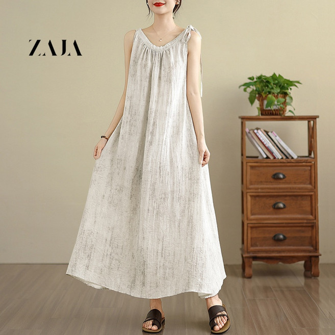 ZAJA 여성 여름 민소매 원피스 면마 롱 라운드넥 루즈핏 휴양지룩