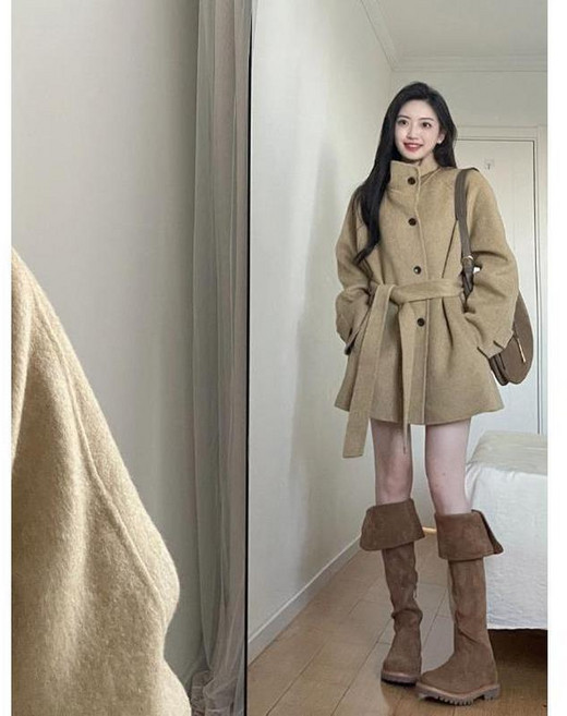 赫本風毛呢外套女 中長款加厚秋冬季綁帶寬鬆大衣