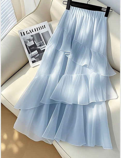 페이준 여성 봄 여름 심플 하이웨스트 프릴 솔리드 쉬폰 a라인 스커트 YJ4551