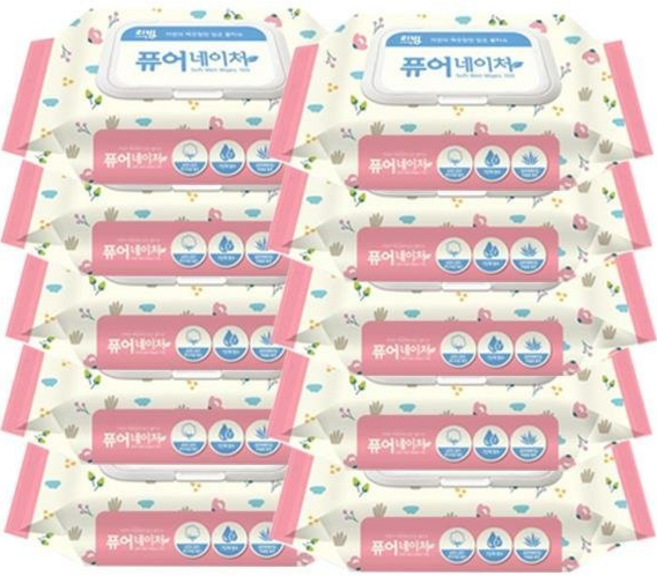 삼정펄프 리빙 퓨어네이처 물티슈 캡형 100매, 10개