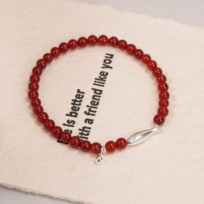 오누이디스플레이 천연마노 원석 팔찌 925실버 물고기 포인트 데일리 커플 우정 팔찌