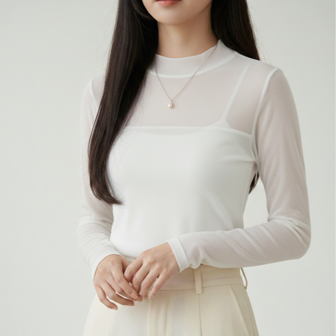 여성 시스루 긴팔 레이어드 이너 데일리 기본티