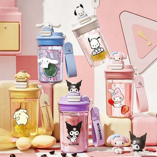 밀크카 산리오 텀블러 쿠로미 마이멜로디 시나모롤 캐릭터 520ML 대용량 누수 방지 휴대용 물병, 1개, 폼폼푸린