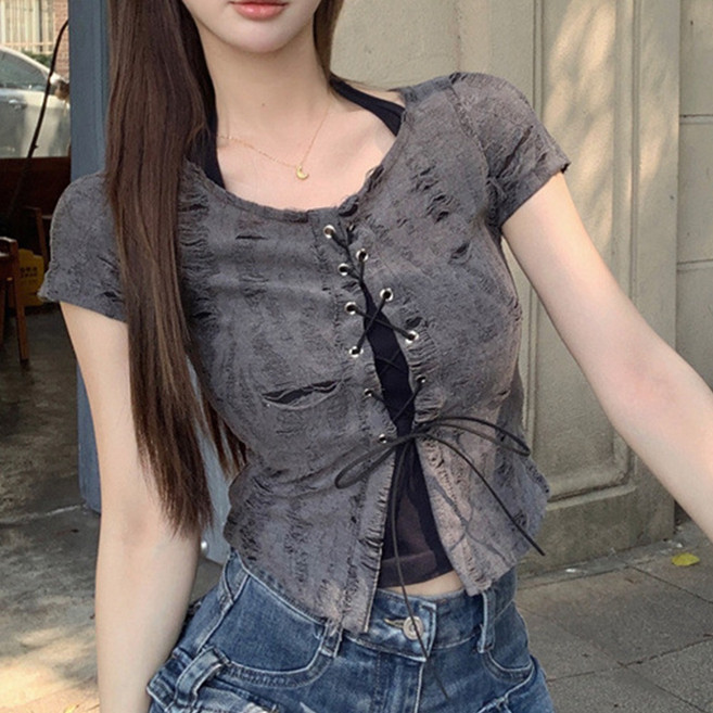 cammello 빈티지 Y2K 홀터넥 나시 + 코르셋 아일렛 반팔티 세트