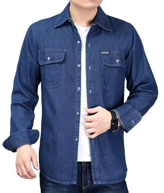 Krismile긴팔 셔츠 패션 Polo넥 데님셔츠 루즈핏 캐주얼셔츠 남자 가을 데님자켓 빅사이즈+6**30WCL