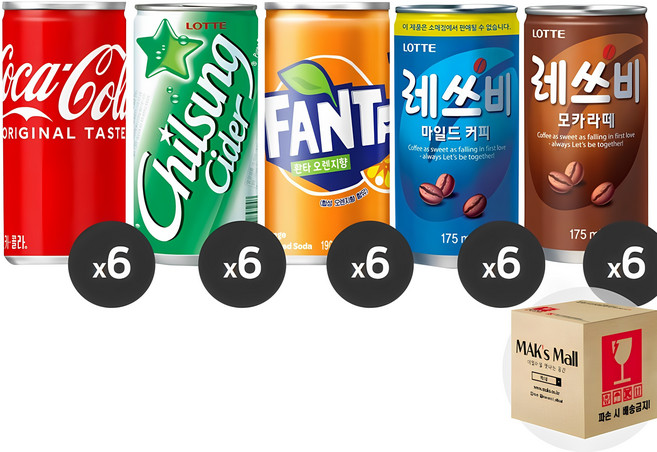 미니 캔음료 코카콜라 190ml 6개 + 칠성사이다 190ml 6개 + 환타 오렌지 190ml 6개 + 레쓰비 마일드커피 175ml 6개 + 레쓰비 모카라떼 175ml 6개 혼합세트, 1세트