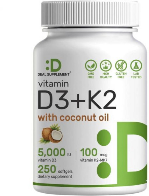 딜 서플리먼트 비타민D3 5000 IU K2 MK7 100mcg 소프트젤 버진 코코넛 오일 함유 2in1 복, 딜 서플리먼트 비타민D3 5000 IU K2 MK7 1