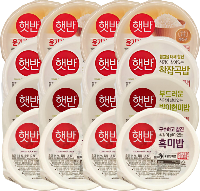 CJ 건강 햇반 신제품 4종 (백미 + 찰잡곡밥 + 발아현미밥 + 흑미밥) 캠핑 식단 즉석밥, 210g, 16개