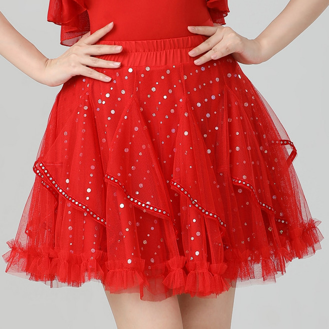 와우진플 스팽글 5부 스커트 라인 댄스복, 레드