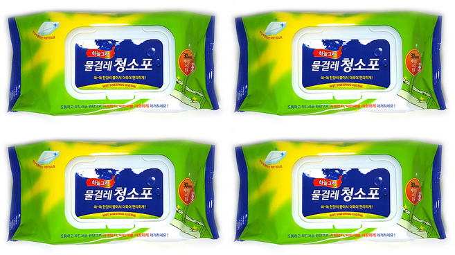 하늘그린 물걸레청소포 30매X4개 +청소솔 증정 베이킹소다 화학성분을최소화 막대걸레, 4개