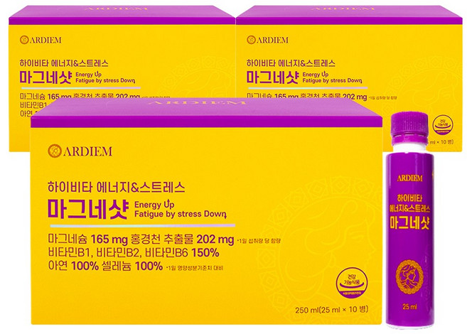 아르디엠 하이비타 에너지&스트레스 마그네샷 액상 글루콘산 마그네슘 10p, 3박스, 250ml