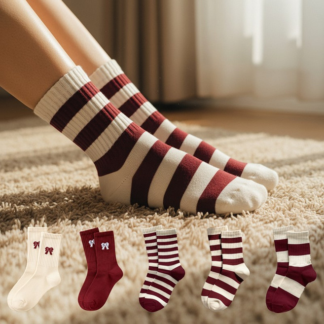 더메이크 클래식리본 여성 중목 양말 5켤레