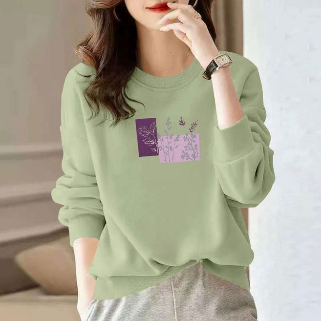 Makone 여성 라운드넥 순면 긴팔 티셔츠 플라워 프린트 패션 캐주얼 데일리 맨투맨