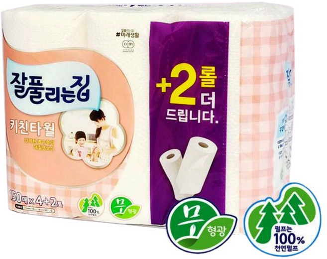 잘풀리는집 키친타월 150매 4+2롤 무형광 천연펄프, 6롤, 1개
