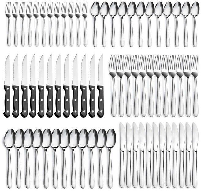 Pleafind 12인용 72피스 실버웨어 세트 트리플 리벳 스테이크 나이프가 있는 식기 스테인리스 스틸 커틀러리 포크 스푼과 나이프 세트 포함 홈 레스토랑용