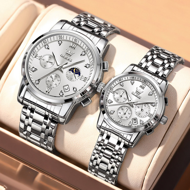 OLEVS 커플 시계 정품쿼츠 럭셔리 명품 워터프루프 야광 일력 다기능 메탈시계