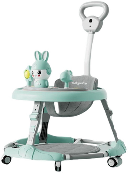 Babywalker 可調式學步車 防側翻 折疊設計, 綠色 靜音輪 燈光音樂 腳墊 推把, 1個
