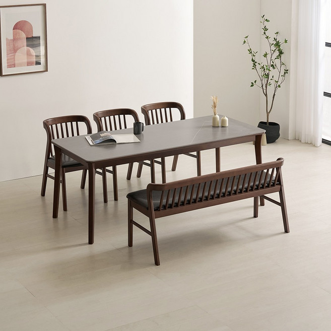 라로퍼니처 데이브 1900 포세린 통 세라믹 6인 고무나무 원목 식탁 세트, 그레이, 식탁+의자3+벤치1