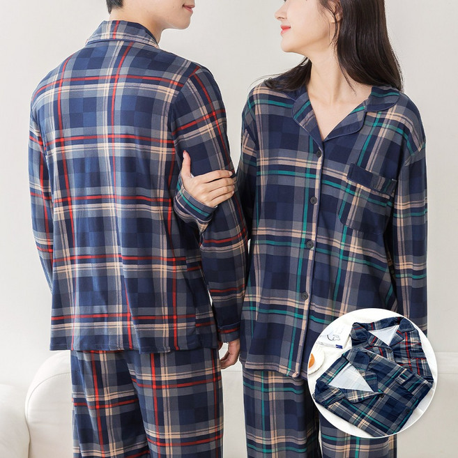 민트코코아 남여공용 체크셔츠 긴팔 수면 잠옷세트