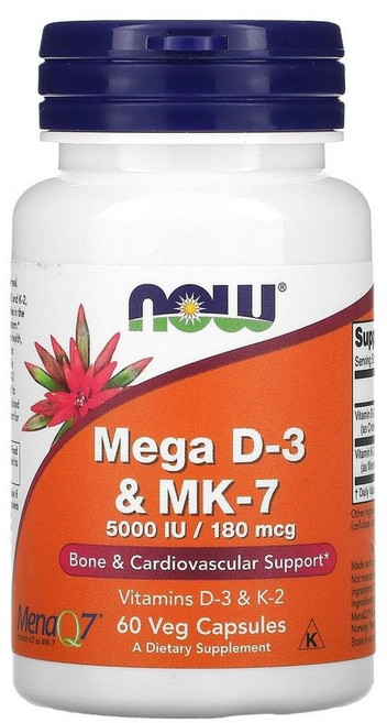 NOW Foods 메가 D-3 MK-7 180mcg 5000IU 베지 60정, 1개