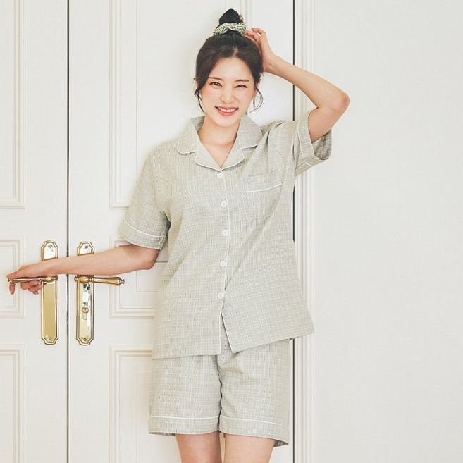 씨엘스토리 여성 어반체크 카라 잠옷 상하세트