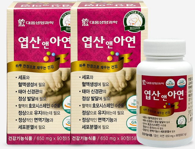 대웅생명과학 엽산 앤 아연, 2개, 90정
