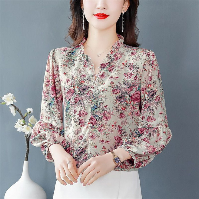 TKX 여성용 플라워 프린트 라운드넥 긴팔 쉬폰 블라우스 봄가을 데일리 패션 K79
