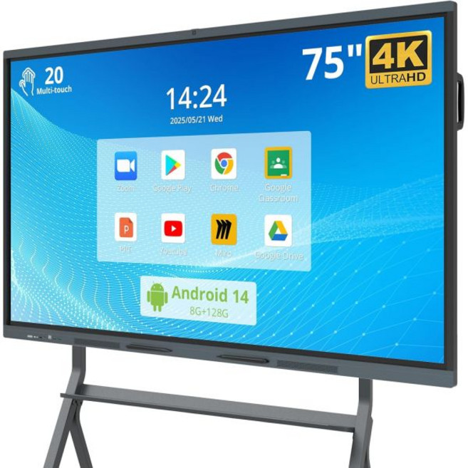 65 ″ 스마트 보드 4K UHD 인터랙티브 화이트 보드안드로이드 14 시스템 및 48MP 카메라 포함 가정 교실 비즈니스를 위한 디지털 하나에 올인원월 마운트, Android 14 System, 75″ Smart Board Android 14