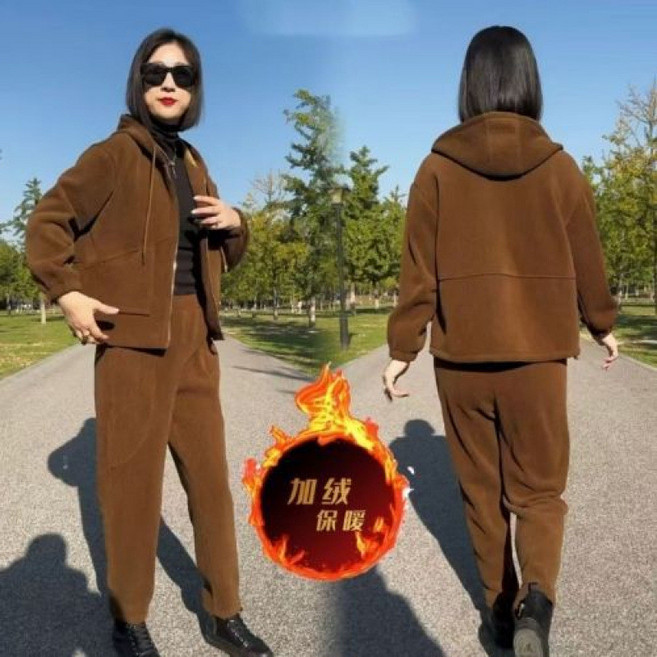 媽媽裝 秋冬加絨套裝 連帽寬鬆休閒時尚運動