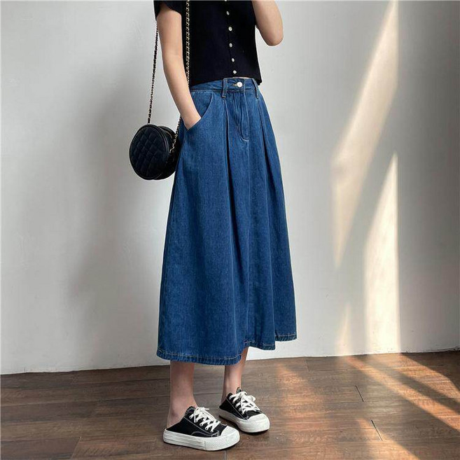 Makone 여성 청치마 빈티지 주름 A라인 우산형 데님 미디 스커트