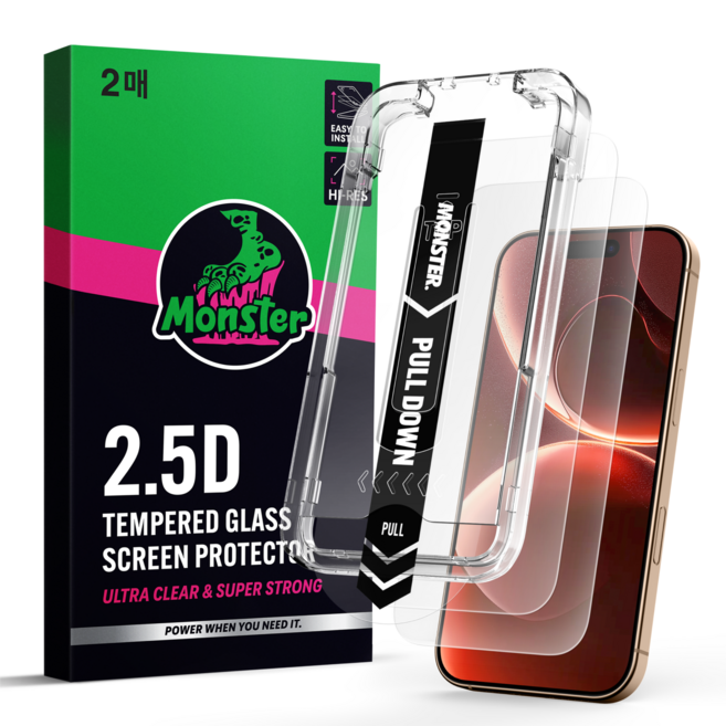 몬스터 아이폰 쉬운부착 2.5D 풀커버 들뜸방지 강화유리 페이스인식 액정보호필름 2매+간편 부착틀, 1개