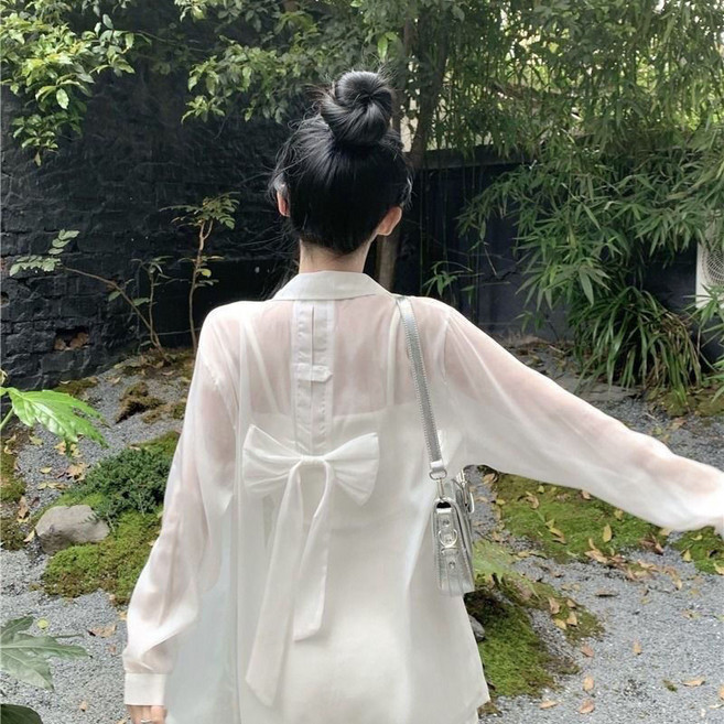 設計感蝴蝶結薄紗襯衫外套