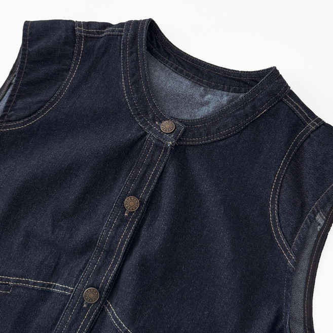 復古鈕釦單色牛仔背心外套 小口袋排釦設計