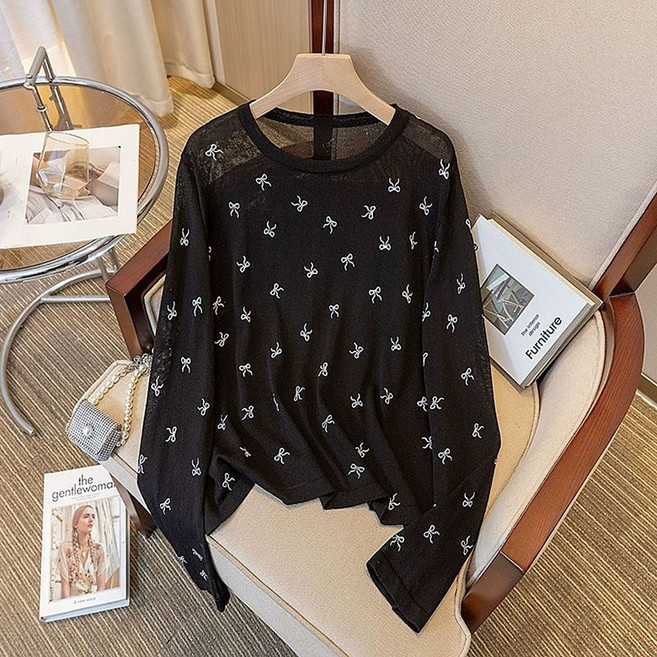 여름 빅사이즈 여성용 얇은 아이스 리본 프린트 쿨링 긴팔 시스루 라운드넥 자외선차단 긴팔 상의