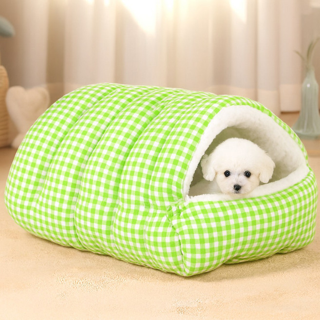 벤스투 입구개폐형 고양이 강아지 패딩 이불 침낭 숨숨집, 1개, 그린