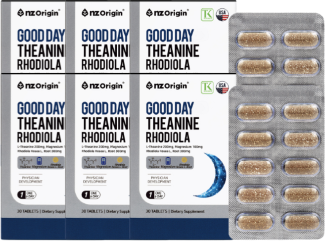 테아닌 홍경천 효능 로디올라 마그네슘 L테아닌 락티움 로사빈 감태 추출물 발효보리 벚나무열매 엔젯오리진 굿데이 테아닌 로디올라 30정 6통, 6박스