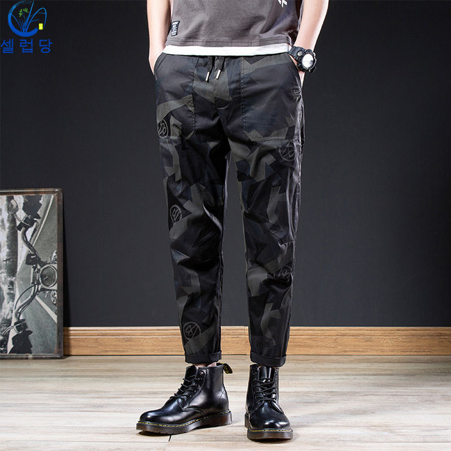 셀럽당 여름 슬림 카모 팬츠 남 스판 속건 캐주얼 팬츠 남 슬림 스키니 팬츠 트레이닝