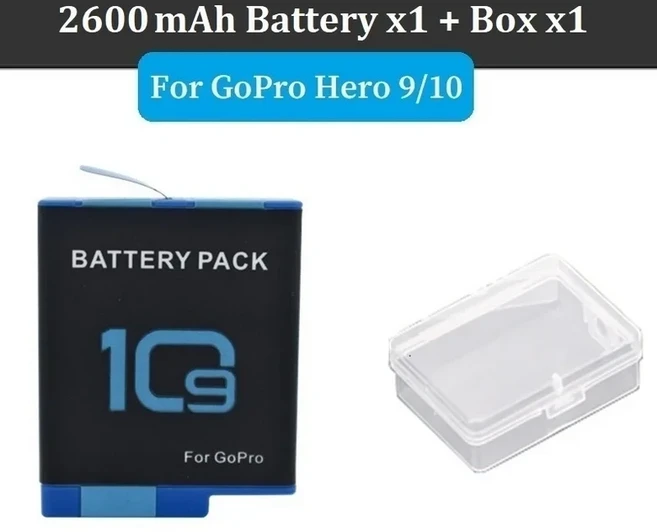 고프로 히어로 10 9 배터리 충전기용 2600mAh 세트 카메라 액세서리 보관함 포함, 05 1pcs Battery