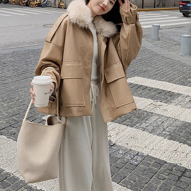 삼제태전 여성 겨울 대모피 카라 루즈핏 가죽 자켓 기모 빅포켓 외투