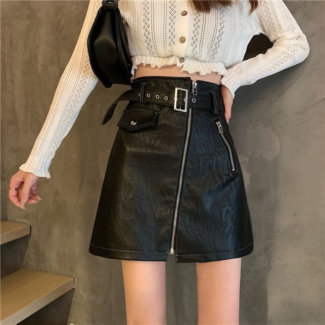 모몰라티 하이웨 스트 지퍼 A라인 가죽 미니 스커트
