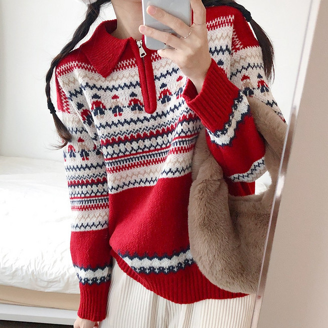 요시아나 [당일발송] 레드 노르딕 패턴 반집업 카라넥 니트